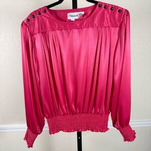 Women’s Plus Size 18 Hot Pink Satin Smocked Waist Long Sleeve Vintage Retro Top